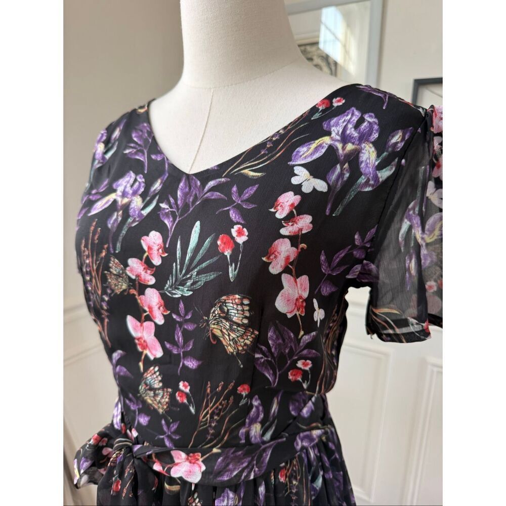 G•W•E Midi Floral Butterfly Chiffon Short Sleeve Dress L - Picture 5 of 9